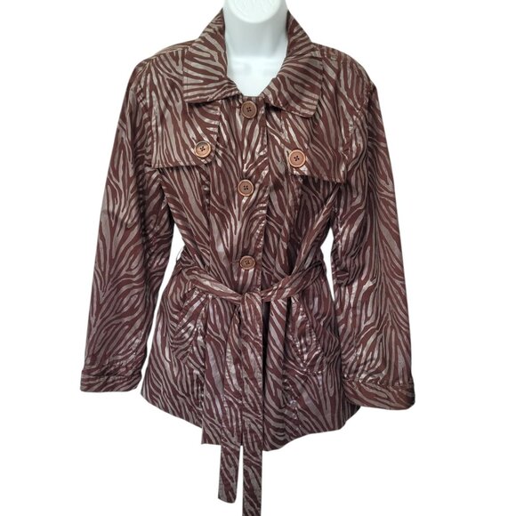 Zoe D Trench Coat Jacket Brown Long Sleeve Button Up Lined Outerwear Coat Zebra - Picture 9 of 12